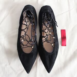 Valentino Black Suede Gold Rockstud Lace Up Ankle-Wrap Pointed Ballet Flat